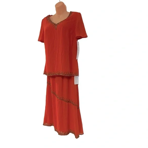 ASHRO Bead Trimmed Georgette Tangerine Orange Midi Skirt Set Wedding Guest Dress - Picture 5 of 16